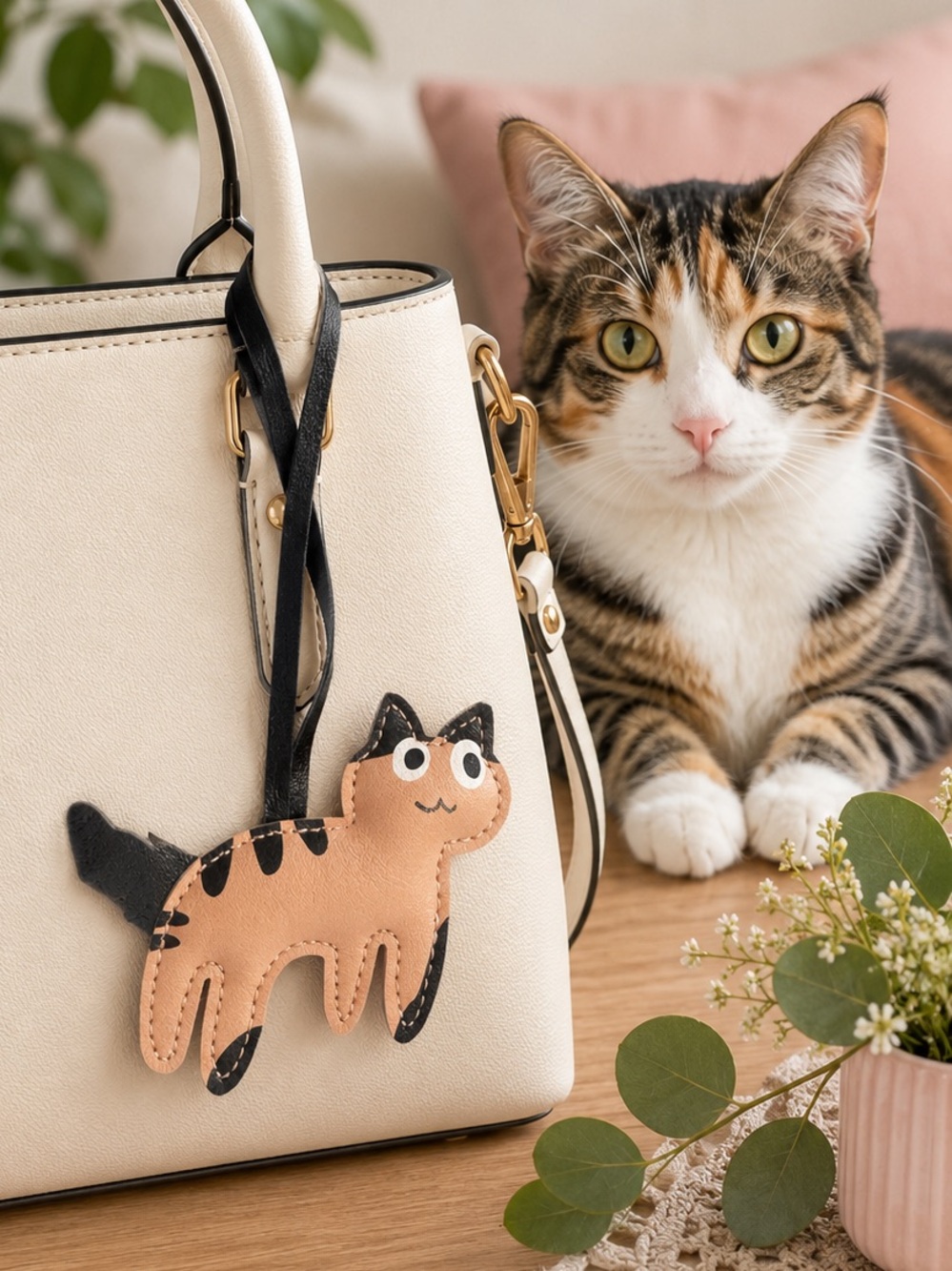 Tan/Pink & Black Striped Cat Faux Leather Bag Charm